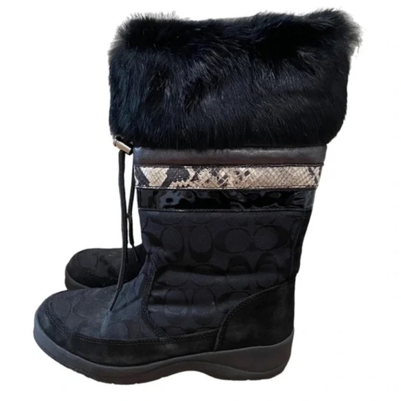 SIZE 7.5 WOMEN COACH LORNA SIGNATURE MONOGRAM SNAKESKIN / SUEDE/ FUR BOOTS BLACK - Picture 3 of 5